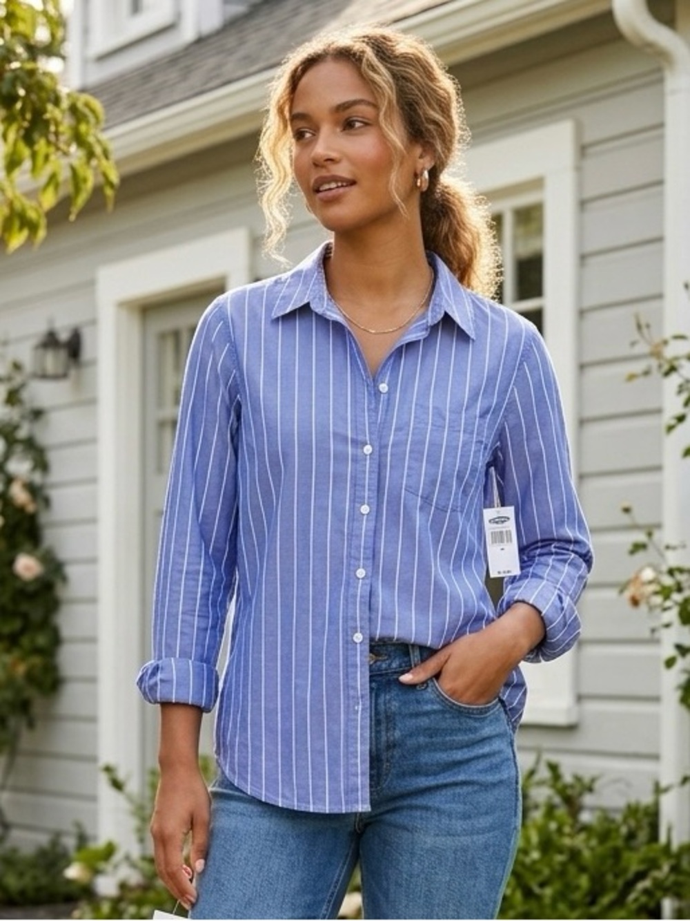 Old Navy The Classic Shirt Blue White Striped Button Down Cotton Size M NWT